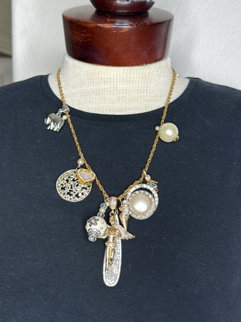 Vintage Gold-Tone Multi-Charm Necklace Pearl Crystal Accents Upcycled Jewelry